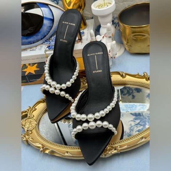 🆕 BLACK SUEDE STUDIO 🧿 NWOB Gigi 80 Pearl Black Satin Mule Sandals, Sz 40 US 9 - Picture 10 of 16